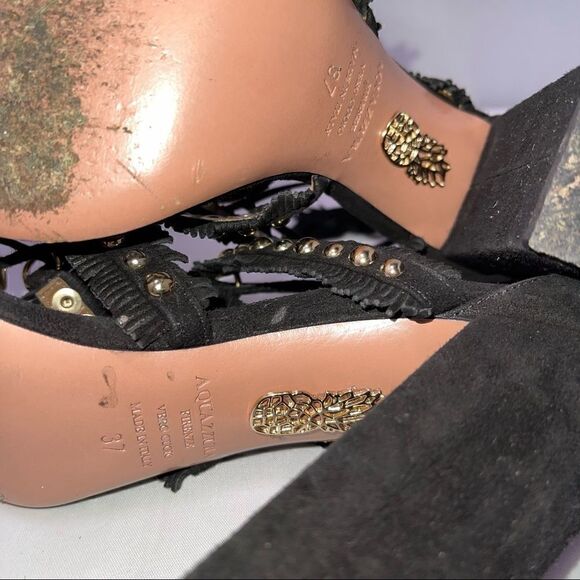𝅺Aquazzurra Sandals Firenze Tulum Black Suede Sandals Chunky Heel Size 37 U.S. 6 - Picture 14 of 15